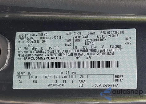 2023 Ford Escape St Line из США, поврежденный, VIN 1FMCU0MN2PUA01379